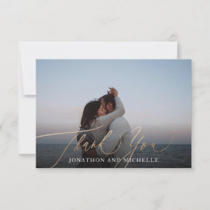 Navy Blue Elegant Gold Calligraphy Wedding Photo Thank You Card