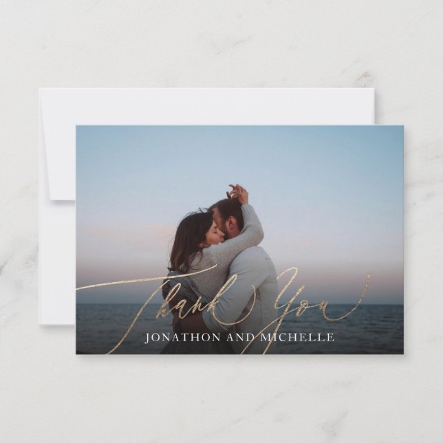 Navy Blue Elegant Gold Calligraphy Wedding Photo Thank You Card (Front)