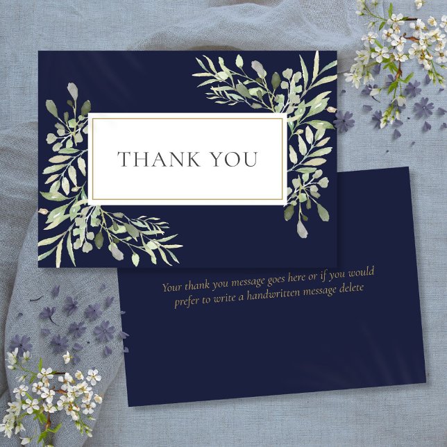 Navy Blue Elegant Gold Emerald Greenery Foliage Thank You Card (Navy Blue Elegant Gold Emerald Greenery Foliage Thank You Card)