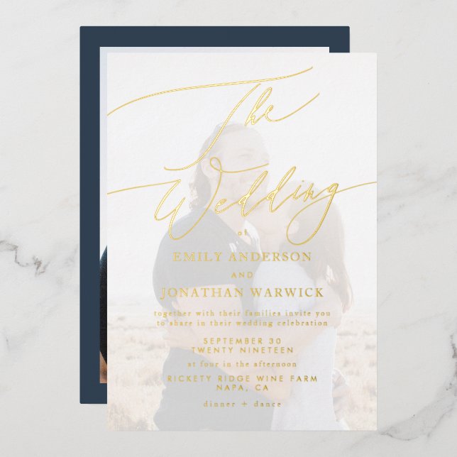 Navy Blue Elegant Gold Photo Overlay Wedding (Front/Back)