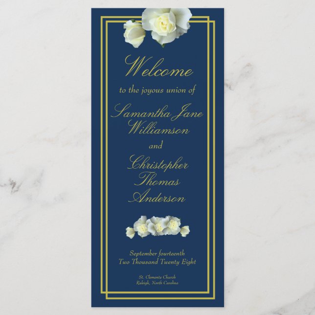 Navy Blue Elegant Gold Script Framed White Rose  Programme (Front)