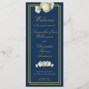 Navy Blue Elegant Gold Script Framed White Rose  Programme