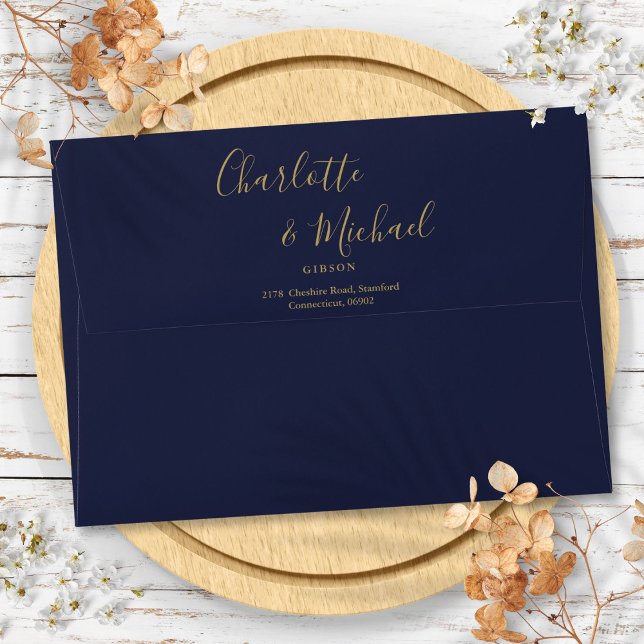 Navy Blue Elegant Gold Script Return Address Envelope (Navy Blue Elegant Gold Script Return Address Envelope)