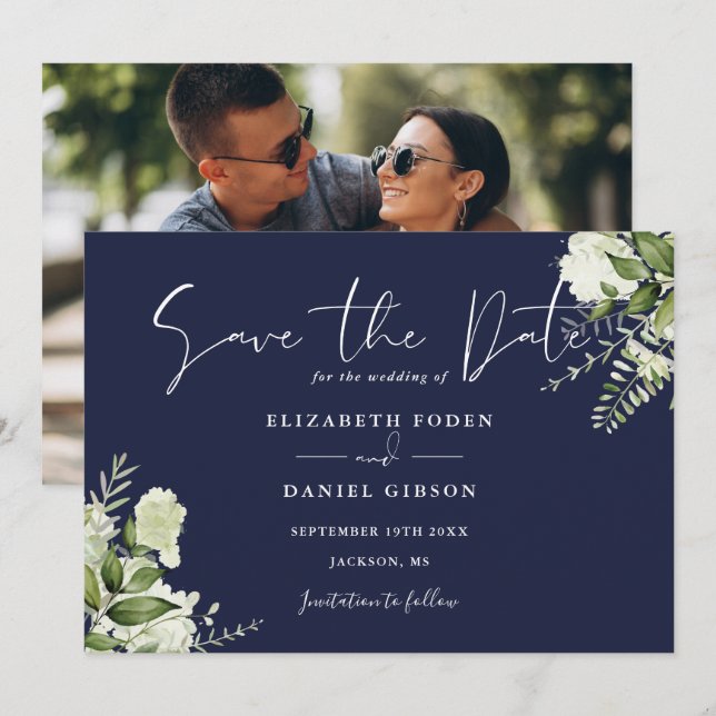 Navy Blue Elegant Greenery Floral Photo Wedding Save The Date (Front/Back)