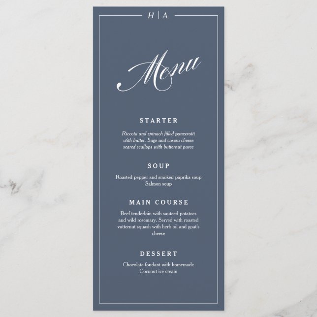 Navy Blue Elegant Handwriting Wedding Dinner  Menu (Front)