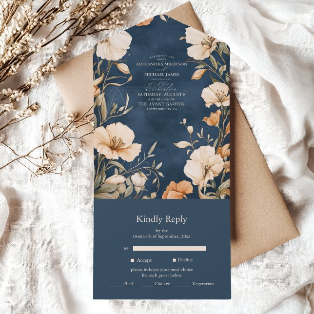 Navy Blue  Elegant Ivory Floral Wedding All In One Invitation (Creator Uploaded)
