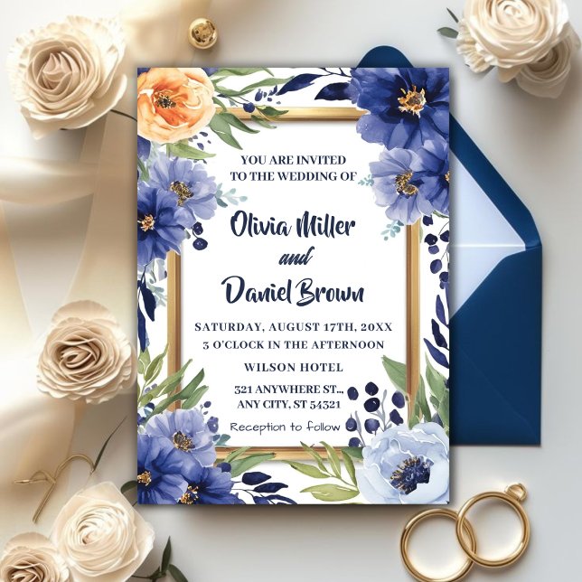 Navy Blue Elegant Ivory Floral Wedding Invitation (Creator Uploaded)