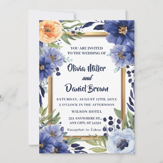 Navy Blue Elegant Ivory Floral Wedding Invitation (Front)