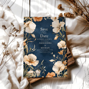Navy Blue Elegant Ivory Floral Wedding Save The Date