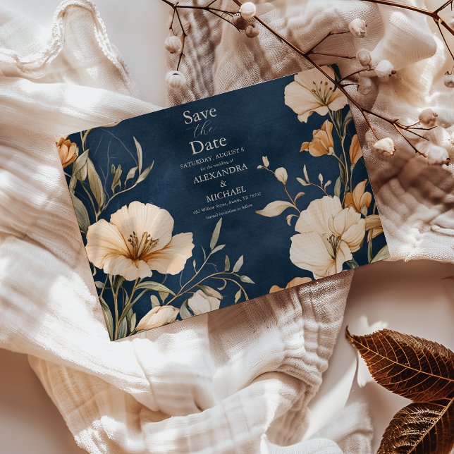 Navy Blue  Elegant Ivory Floral Wedding Save The Date (Creator Uploaded)