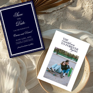 Navy Blue Elegant Minimalist Classic Wedding Save The Date