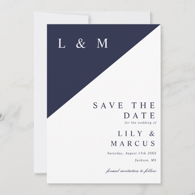 Navy Blue Elegant Minimalist Monogram Wedding Save The Date (Front)