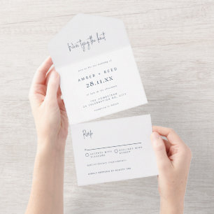 Navy Blue Elegant Minimalist Tear Off Wedding    All In One Invitation