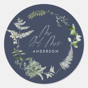 Navy blue elegant modern botanical script wedding classic round sticker
