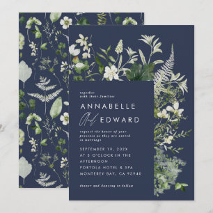 Navy blue elegant modern botanical script wedding invitation