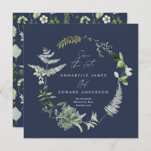 Navy blue elegant modern botanical script wedding save the date