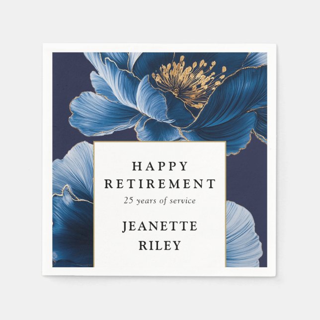 Navy Blue Elegant Modern Floral Happy Retirement Napkin (Front)