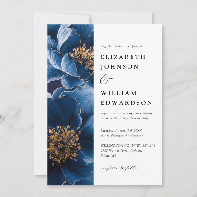 Navy Blue Elegant Modern Floral QR Code Wedding Invitation (Front)