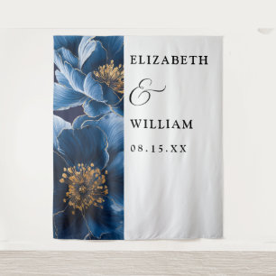 Navy Blue Elegant Modern Floral Wedding Backdrop Tapestry