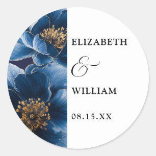 Navy Blue Elegant Modern Floral Wedding Favour Classic Round Sticker