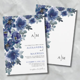 Navy Blue Elegant Modern Floral Wedding Invitation