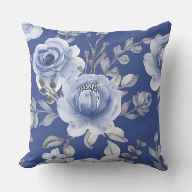 Navy Blue & Elegant Modern Watercolor Floral Cushion (Front)