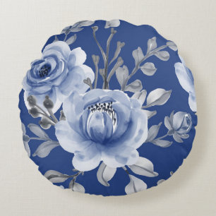 Navy Blue & Elegant Modern Watercolor Floral Round Cushion