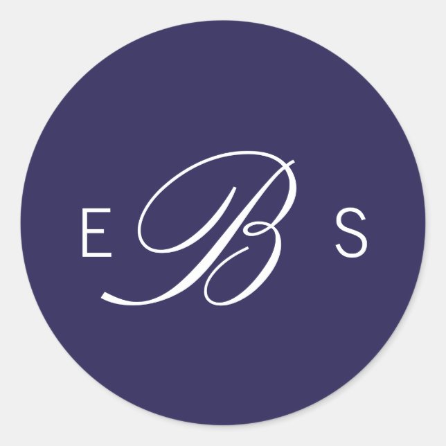 Navy Blue Elegant Monogram Circle Wedding Stickers (Front)