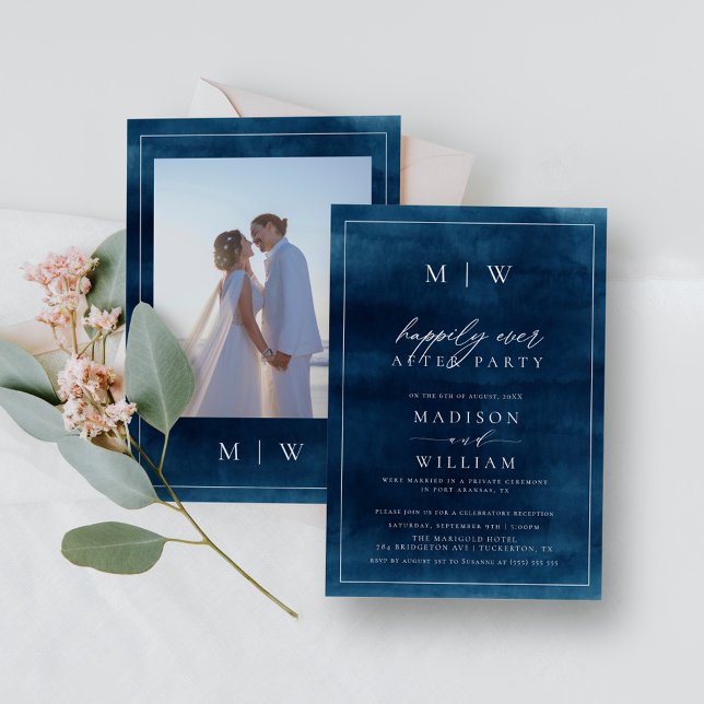 Navy Blue Elegant Monogram Elopement Wedding Invitation (Creator Uploaded)