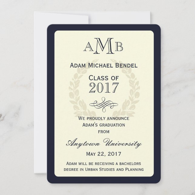 Navy Blue Elegant Monogram Graduation Announcement (Front)