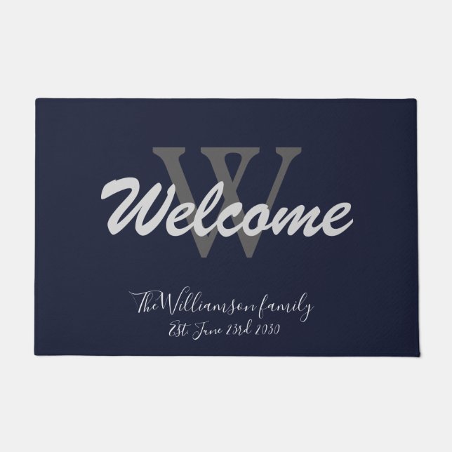 Navy Blue Elegant Monogram Name Wedding Welcome Doormat (Front)