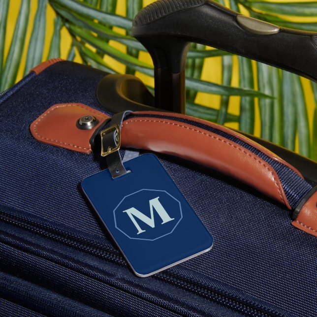 Navy Blue elegant monogram personalised Luggage Tag (Front Insitu 1)
