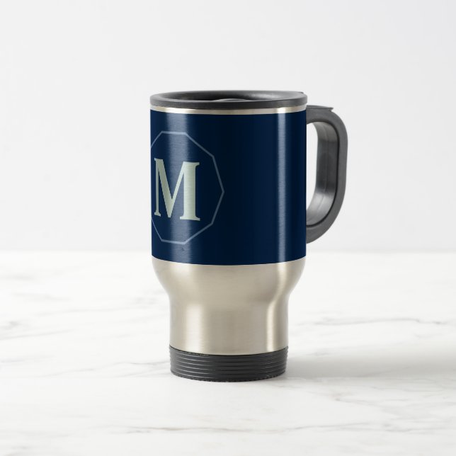 Navy Blue elegant monogram personalised Travel Mug (Front Right)
