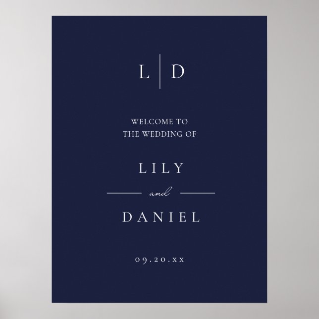 Navy Blue Elegant Monogram Wedding Welcome Sign (Front)