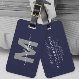 Navy Blue Elegant Name Monogram Luggage Tag
