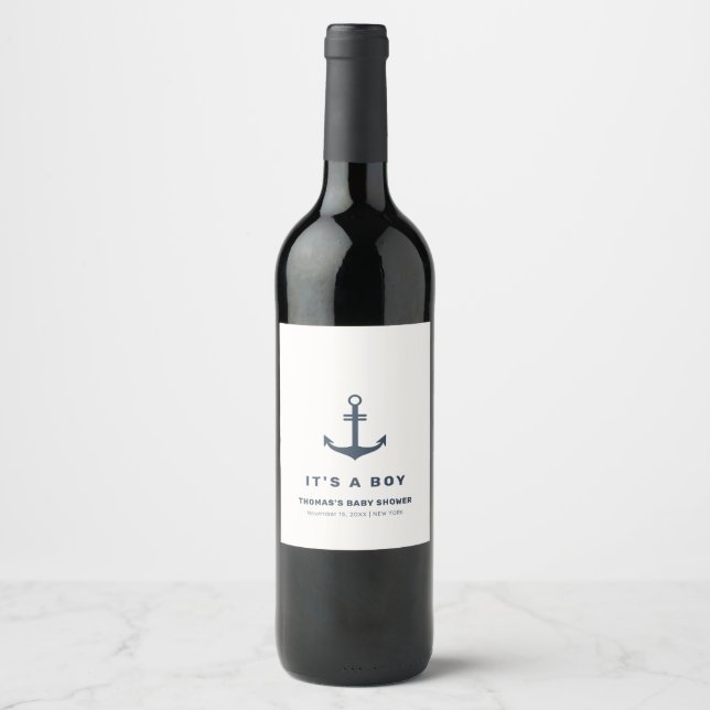 Navy Blue Elegant Nautical Anchor Baby Shower  Wine Label (Front)