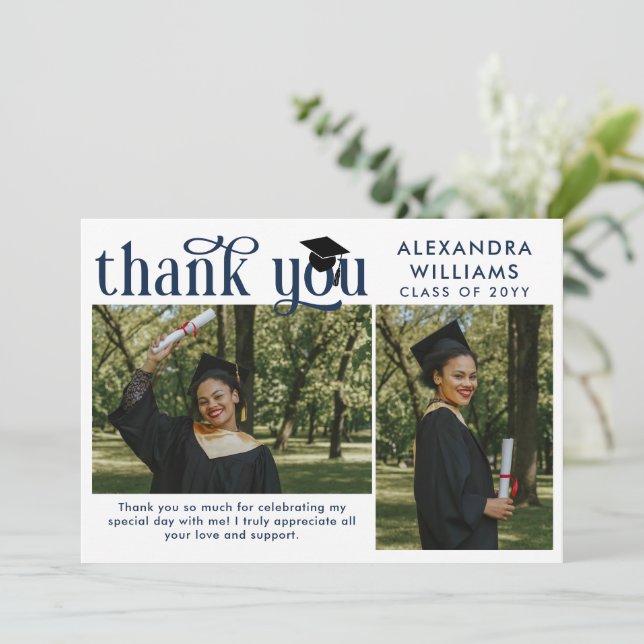 Navy Blue Elegant Overlay Photo Graduate Thank You Card (Standing Front)