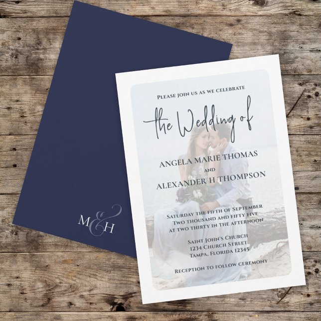 Navy Blue Elegant Photo Calligraphy Script Invitation (Simple navy blue wedding photo invitations)