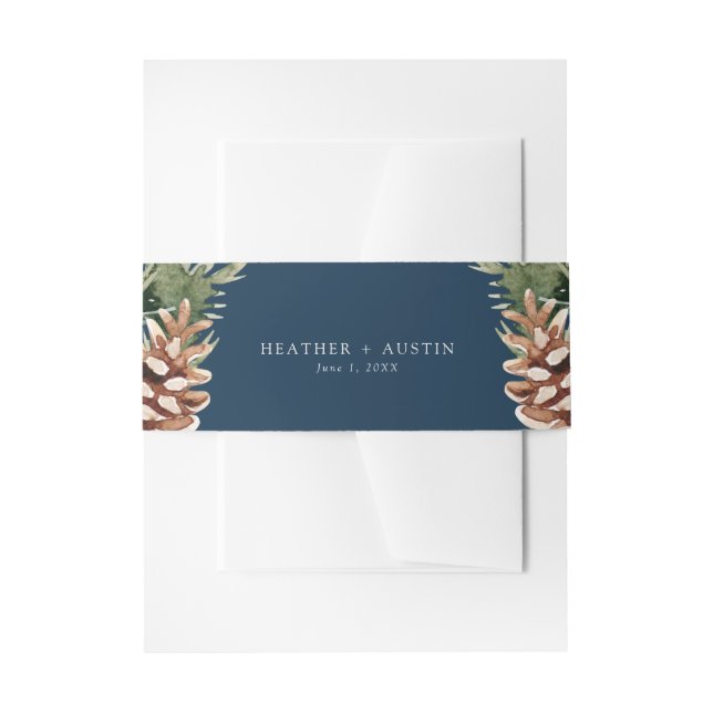 Navy Blue Elegant Pine Invitation Belly Band (Front Example)