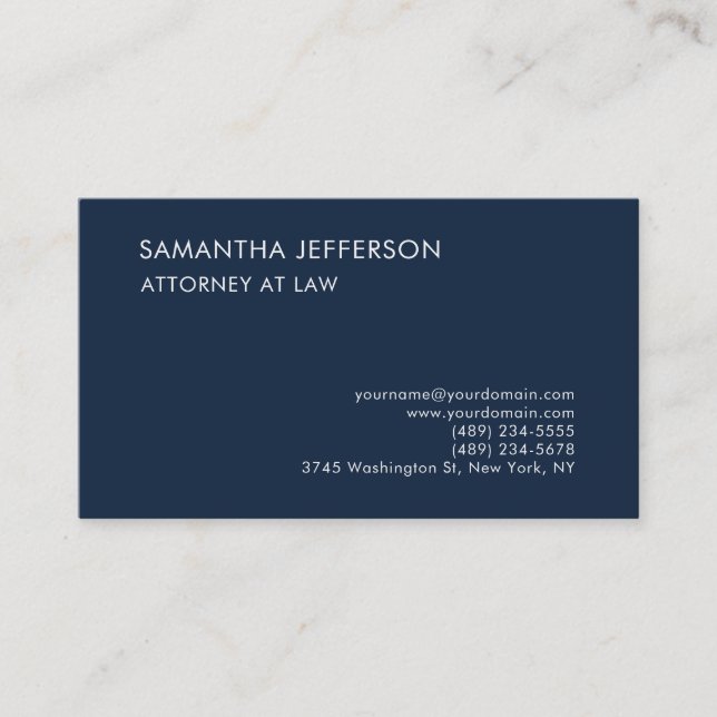 Navy Blue Elegant Plain Professional Attorney Law Business Card (Front)