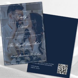 Navy Blue Elegant QR Code Photo Overlay Save The Date