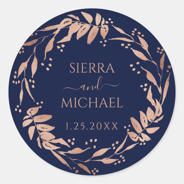 Navy Blue | Elegant Rose Gold Foliage Wedding Classic Round Sticker (Front)