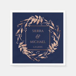 Navy Blue   Elegant Rose Gold Foliage Wedding Napkin