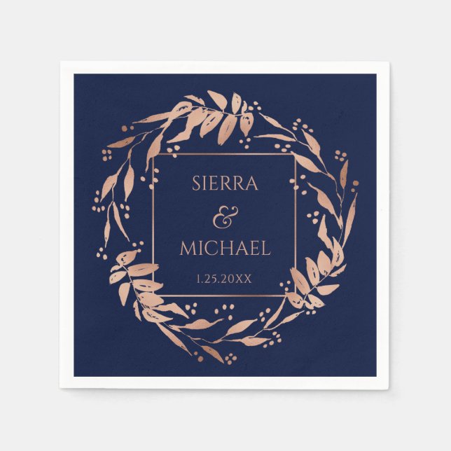 Navy Blue | Elegant Rose Gold Foliage Wedding Napkin (Front)