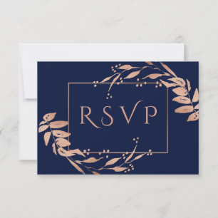 Navy Blue Elegant Rose Gold Foliage Wedding RSVP Card
