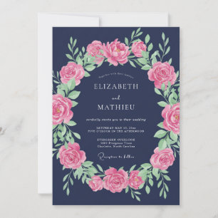 Navy Blue Elegant Rose Wedding Invitation