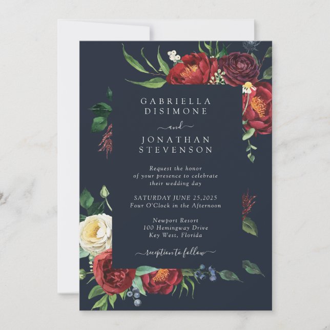 Navy Blue Elegant Rust Floral Watercolor Wedding Invitation (Front)