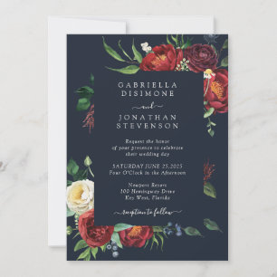 Navy Blue Elegant Rust Floral Watercolor Wedding Invitation