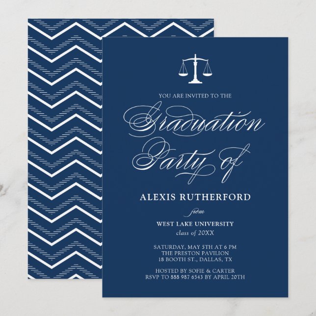 Navy Blue Elegant Script Law School Graduation Invitation (Front/Back)