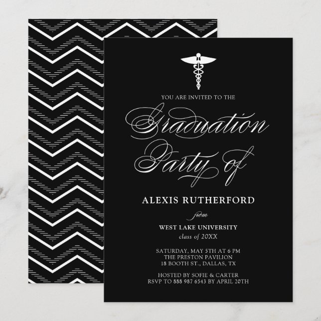 Navy Blue Elegant Script Medical School Graduation Invitation (Front/Back)